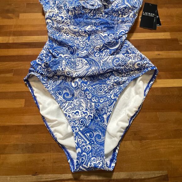 Ralph Lauren ARTISANAL WOODBLOCK Ruffled Tummy-Control Swimsuit US 6 - Picture 4 of 10